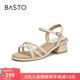 百思圖夏季商場(chǎng)新款時(shí)尚氣質(zhì)露趾條帶一字帶粗跟女涼鞋TS501BL4 米色 37