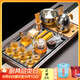 瓷牌茗茶具 茶具套裝茶盤(pán)電磁爐燒水壺一體桌自動(dòng)上水燒水壺茶臺教師節禮物 34件空谷幽蘭+金色龍鱗茶具