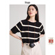 旅途原品（ltyp）條紋t恤女真絲短袖亞麻棉時(shí)髦百搭針織冬季圓領(lǐng)休閑上衣 杏黑色-經(jīng)典條紋-真絲亞麻棉 M