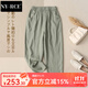 NY-RCE棉麻休閑褲女夏季薄款寬松女士亞麻女褲闊腿褲九分褲哈倫褲女裝 豆綠色 L 【120-140斤】