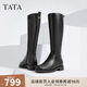 他她（TATA）大筒圍真皮騎士靴女靴子粗跟氣質(zhì)加絨長筒靴秋冬7TG87DG4 黑色 38
