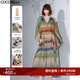 COCOBELLA[赤霞橘光]手繪彩虹條紋飄逸長(zhǎng)袖連衣裙套裝FR7045 赤霞橘光(含吊帶裙+腰帶) L