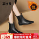 ZHR頭層牛皮女靴加絨保暖短靴女冬季百搭切爾西靴子女 S372B 黑色 39
