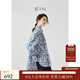 EIN言新中式壁紙印花偏襟翻領(lǐng)前短后長開衩多巴胺襯衫秋新款 墨藍(lán) M