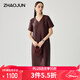兆君2025春夏新款重磅桑蠶絲短袖連衣裙女v領(lǐng)寬松香云紗真絲裙子 紅色 L