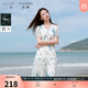 三彩若潮大碼女裝2025夏新款V領(lǐng)印花連衣裙短袖收腰蝴蝶結(jié)胖MM 冰川藍花卉 XL 170/96B