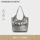 CHARLES&KEITH柔軟褶皺大容量單肩托特包包女包生日禮物CK2-30782457 Pewter錫灰色 大包