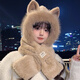 KINGXIAOJING狐貍毛耳朵帽子圍巾一體女冬季毛絨女生2025新款可愛(ài)騎車(chē)保暖圍脖 卡其色帽子圍巾兩件套 均碼(加絨加厚)