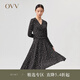 OVV2022春夏新款女裝彈力針織面料印花V領(lǐng)優(yōu)雅收腰長袖連衣裙 黑色花紋01 XS