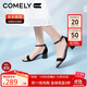 康莉（COMELY）一字帶涼鞋女粗跟25年夏季羊皮中跟時(shí)尚百搭通勤時(shí)裝涼鞋 黑色 36