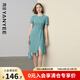 顏域開(kāi)叉收腰連衣裙女2025夏季新款獨(dú)特不對(duì)稱掐腰輕熟短袖中長(zhǎng)裙 藍(lán)綠色 S