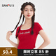 三福短T恤2025夏季英文印花蕾絲拼接圓領(lǐng)修身上衣女裝502308 大紅色 S