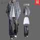 洛科馳春秋季長(cháng)袖格子襯衫套裝男潮牌痞帥寬松襯衣外套搭配牛仔褲三件套 襯衫藍+長(cháng)白T+牛仔褲藍【三件套】 XL
