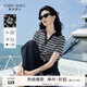秋水伊人H型V領(lǐng)撞色條紋T恤2025年夏季新款女休閑簡(jiǎn)約不緊繃上衣 黑白條 XL