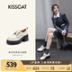 KISSCAT接吻貓女鞋[奧利奧]厚底樂福鞋女秋冬季新款百搭系帶JK真皮小皮鞋 米色牛皮革 34