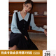 獨束大碼女裝假兩件撞色襯衫領(lǐng)連衣裙女秋冬微胖mm文藝復古穿搭裙子 墨染黑【適合165左右】 2XL