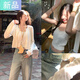 妃奧絨秋冬新款白色鏤空針織開(kāi)衫外套毛衣女休閑吊帶背心罩兩件套上衣 白色開(kāi)衫＋吊帶 M