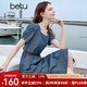 百圖betu女裝2025夏季新款短袖連衣裙泡泡袖撞色皮腰帶牛仔裙2505T76 深牛仔藍 M