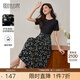 熙世界sllsky黑色短袖拼接碎花連衣裙2025夏季新款時(shí)尚氣質(zhì)假兩件裙子 高雅黑 M