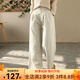 衣瑾帛社文藝亞麻休閑褲女春季簡(jiǎn)約紐扣打褶顯瘦長(cháng)褲子直筒褲 麻色 L