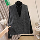 她池含綿羊毛V領(lǐng)亮片針織馬夾女2025秋裝新款純色背心馬甲