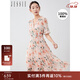 JESSIE【桑蠶絲】雅致印花荷葉邊V領(lǐng)蛋糕連衣裙女春新款 橙色 M