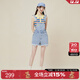 拉拉波波設計感純棉可調節背帶牛仔短褲女高腰顯瘦潮毛邊熱褲LBCB-WLZT12 中藍白 28