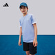 adidas大童速干休閑三條紋短袖套裝兒童夏季阿迪達斯輕運動(dòng)   熒光藍/白色/傳奇墨水藍   152