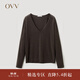 OVV【可機洗黃金羊毛】秋冬熱賣(mài)女裝簡(jiǎn)約深V領(lǐng)長(cháng)袖針織衫 深咖（凈色）A6 S