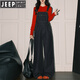 JEEP SPIRIT復古丹寧藍牛仔背帶褲女2025秋冬新款高腰寬松減齡垂感闊腿連體褲 丹寧藍 M