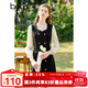 百圖betu女裝春夏新款連衣裙方領(lǐng)雙層蕾絲長袖連衣裙女2302T73 黑色 S
