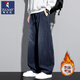 啄木鳥(niǎo)美式高街彎刀牛仔褲男士2025秋冬新款加絨潮牌寬松闊腿休閑褲子男 黑藍 XL 【推薦155-175斤】