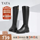他她（TATA）大筒圍真皮騎士靴女靴子粗跟氣質(zhì)加絨長(cháng)筒靴秋冬7TG87DG4 黑色 38