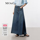 MO&Co.牛仔半身裙夏棉質(zhì)中低腰疊褶長(cháng)款剪邊精裁前短后長(cháng)摩安珂 牛仔藍色 S 160