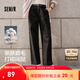 森馬（Semir）休閑褲女純棉打褶闊腿褲腰帶鹽系通勤秋季復古磨毛長(cháng)褲顯腿長(cháng) 黑色90001 XL