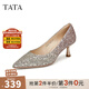 他她（TATA）優(yōu)雅氣質(zhì)高跟鞋女低跟晚宴鞋婚鞋單鞋2024秋新款7QT07AQ4 金色 35