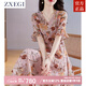 ZXEGI收腰顯瘦100%桑蠶絲真絲連衣裙夏季新款時尚印花韓版高端A字裙女 粉色 2XL （116-125斤）