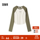 森馬（Semir）長(zhǎng)袖T恤女短款緊身撞色插肩袖明線顯瘦冬季印花圓領(lǐng)上衣復(fù)古 白綠色調(diào)00314 M