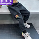 雙魚(yú)兔男童牛仔褲加絨加厚一體絨長(cháng)褲寬松彈力工裝褲秋冬中大童兒童褲子 黑色牛仔春秋款 160