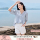 香影【王楚然明星同款】白色娃娃衫上衣女夏含亞麻小衫淡人薄v領(lǐng)襯衫 藍(lán)色 L 165/88A/110-125斤