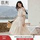 香影米色掛脖露肩連衣裙女2025夏季新款泡泡袖波西米亞度假風(fēng)裙子 米黃 M 160/84A/95-110斤