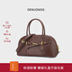 特洛利思（DENUONISS）水晶植鞣頭層牛皮保齡球包復古鎖扣手提包女斜跨包輕奢真皮貝殼包 咖色-禮盒包裝+賀卡