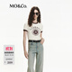 MO&Co.短袖T恤美式撞色邊圓領(lǐng)斑駁印花短款微彈正肩紅棕摩安珂 米杏色 S