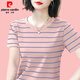 皮爾卡丹（pierre cardin）純棉媽媽短袖女t恤上衣2025年夏季新款寬松圓領(lǐng)半袖條紋洋氣小衫 257-粉色 XL 建議121-135斤