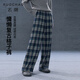 三彩慵懶復古格子褲大碼女裝2025冬季新款高腰絨感長(cháng)褲胖MM