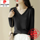 皮爾卡丹莫代爾v領(lǐng)長(cháng)袖打底衫女士大碼秋裝2025新款簡(jiǎn)約純色休閑內搭上衣 黑色(薄款) L 建議100-120斤