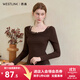 西遇（Westlink）咖色長(cháng)袖t恤女秋季新款串珠褶皺修身顯瘦輕熟蕩領(lǐng)上衣 咖色 M (160)