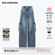 ANN ANDELMAN【趙今麥同款】官方直營(yíng)深藍色做舊磨白斜線(xiàn)分割牛仔工裝褲 深藍色 偏大建議拍小一碼 25