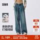 森馬（Semir）牛仔褲女純棉寬松闊腿褲顯瘦潮流秋季松弛感打褶長褲腰帶復(fù)古 牛仔黃泥染80325 L