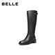 百麗（Belle）時(shí)尚簡(jiǎn)約騎士靴女冬季新款商場(chǎng)同款真皮方跟高筒靴F2X1DDG5 黑色 40